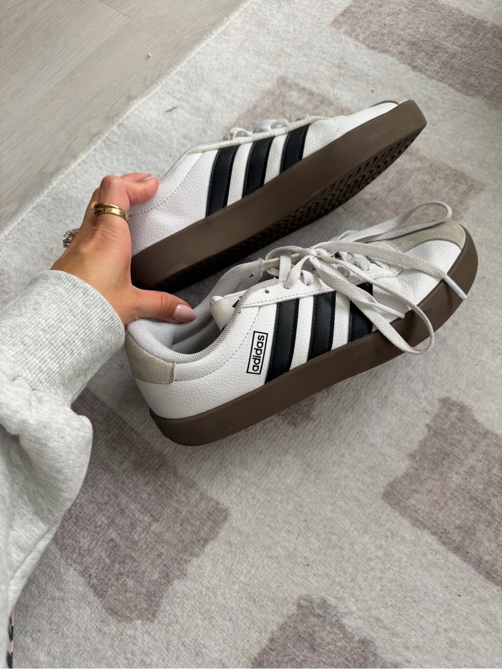 adidas White Sneakers with Black Stripes and Brown Sole